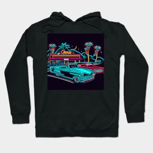 A design that captures the spirit of a classic American road trip from the 1950s or 60s, with vintage cars, neon signs, and roadside attractions. Hoodie